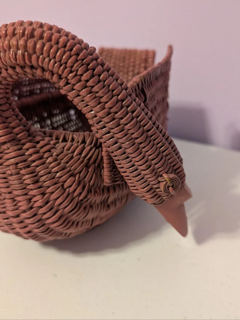Pink Vintage Wicker Rattan Woven Duck/Goose/Swan Basket Cottagecore Grannycore